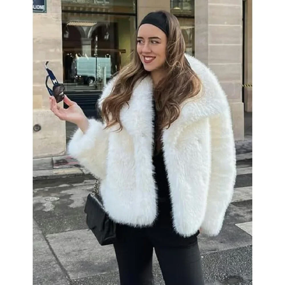 Cropped Faux Fur Jacket Lapel Collar Winter Warm Fluffy Shaggy Coat
